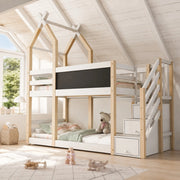 DESMIU Letto a castello per bambini 90 × 200 cm con lavagna, spazio contenitore e sicurezza, senza materasso, in legno massiccio e MDF, bianco