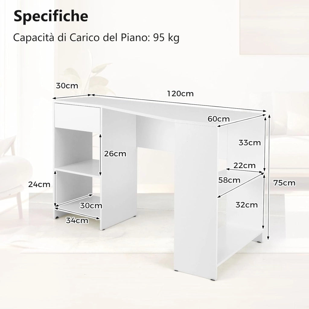 Scrivania ad Angolo per Computer 120 x 60 cm, Scrivania a Forma di L con Ripiani e Cassetto, Scrivania Angolare Gaming Salvaspazio per Ufficio, Studio e Cameretta, Bianco