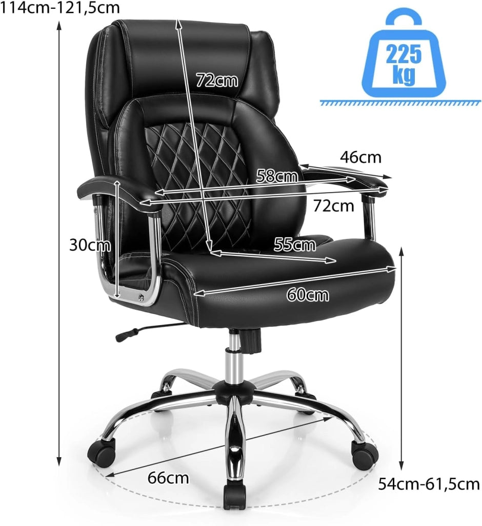 Sedia Ufficio in Pelle, Poltrona Scrivania Regolabile in Altezza, Sedia da Lavoro Girevole con Braccioli Imbottiti, con Base in Metallo, Schienale Oscillante, Portata 227 kg