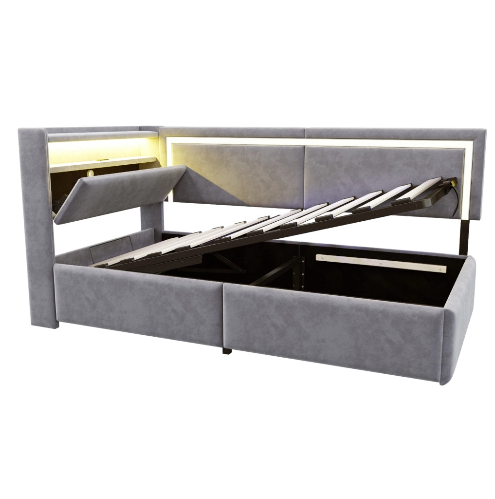 Letto imbottito multifunzionale 90x200 cm con contenitore, LED e USB