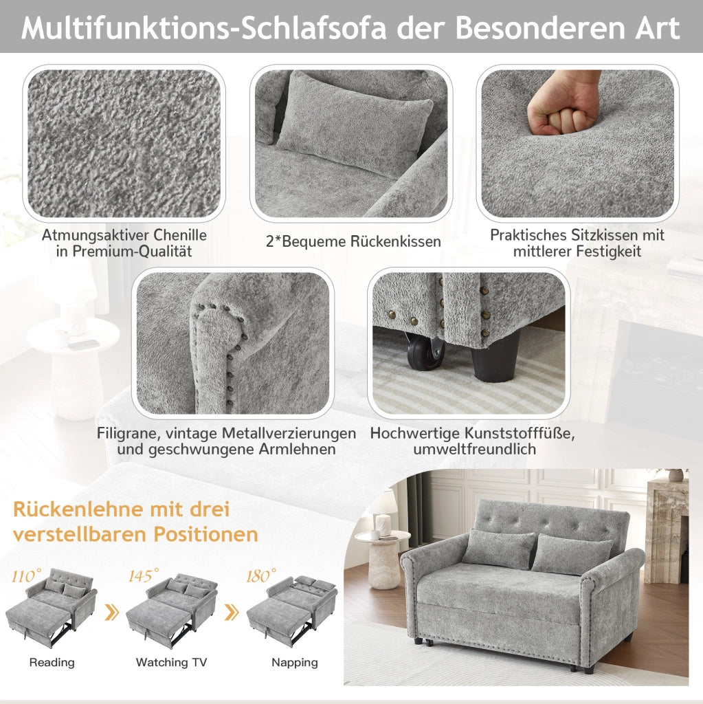 Divano letto 3 in 1 grigio in cheniglia con schienale regolabile