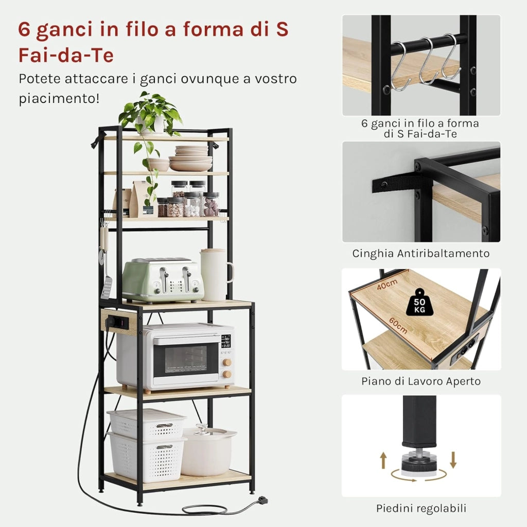 Scaffale da Cucina a 6 Livelli con Prese di Corrente, Scaffale per Microonde con Struttura in Metallo e Piano di Lavoro Aperto, Nero+Rovere Chiaro, 60x39,5x167cm