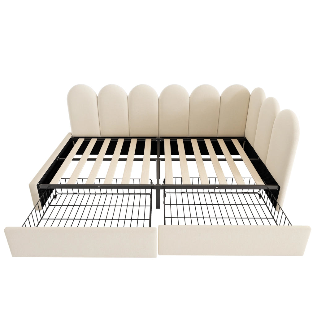 Letto imbottito 90x190 cm in velluto beige con 2 cassetti, rete a doghe, senza materasso
