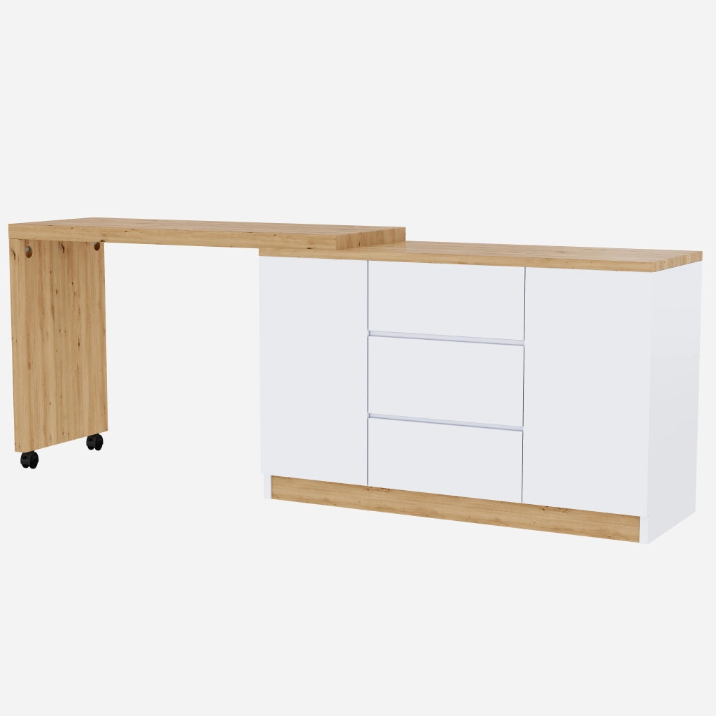 Scrivania pieghevole girevole con ruote, 2 ante e 3 cassetti, 120x50x76,5 cm, bianco e rovere