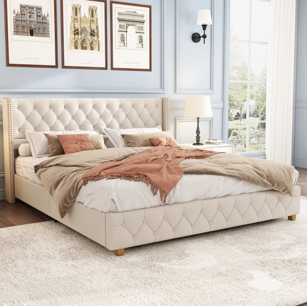 Letto imbottito 140x190 cm in lino beige con rete a doghe e testiera