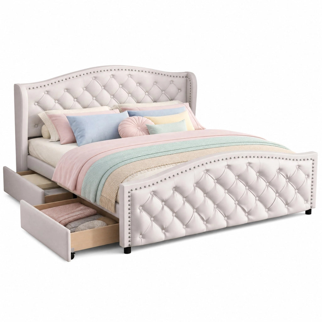 Letto imbottito 140 x 200 cm in PU bianco con rete a doghe, testiera Chesterfield e 2 cassetti contenitore