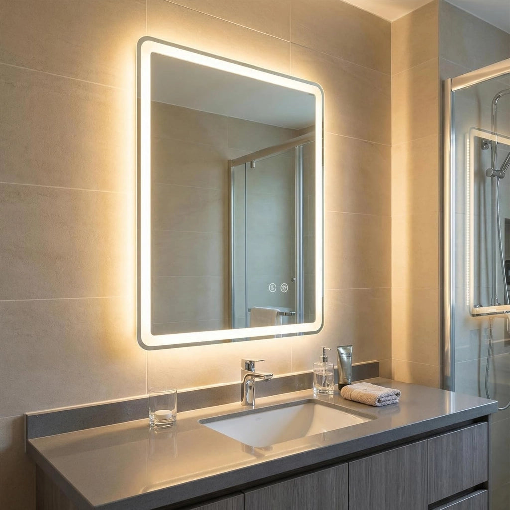 Specchio da Bagno LED 70 x 50 cm, Vetro Temperato Antiesplosione, Specchio da Parete Retroilluminato Dimmerabile con 3 Colori di Illuminazione e Anti-Appannamento (70 x 50 x 3 cm)