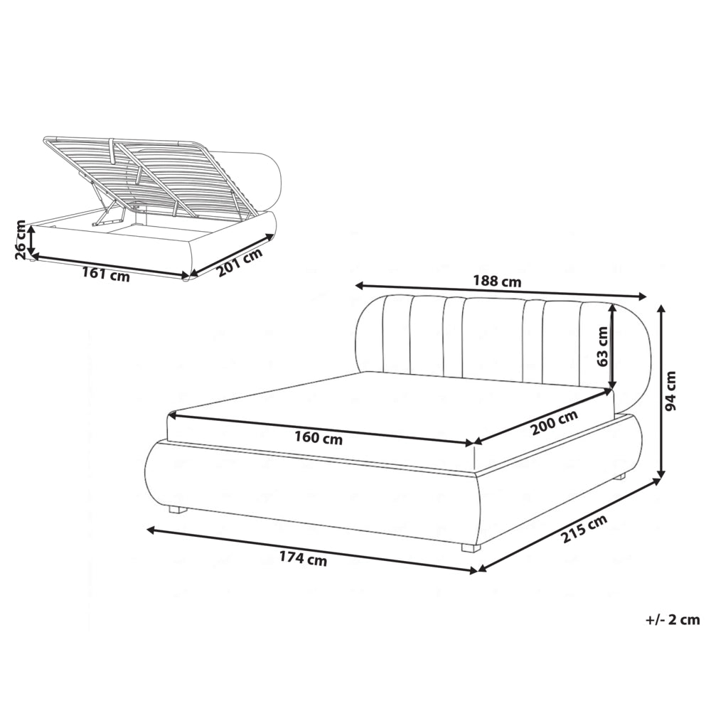 Letto matrimoniale imbottito con struttura a molle a sollevamento trapuntato 160 x 200 tortora e contenitore sollevabile