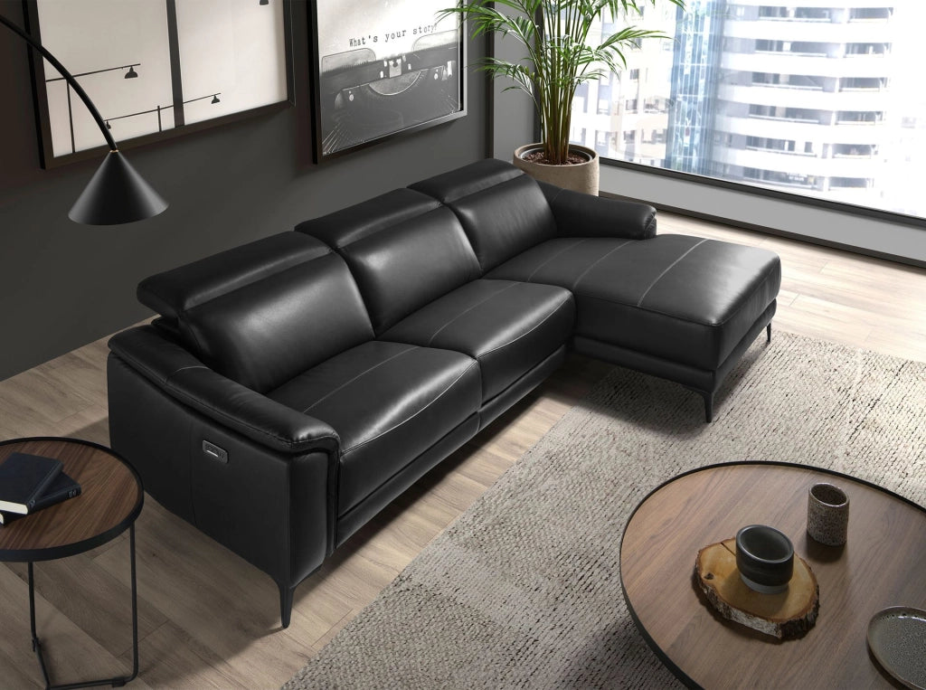 Divano relax con chaise longue destro in pelle nera
