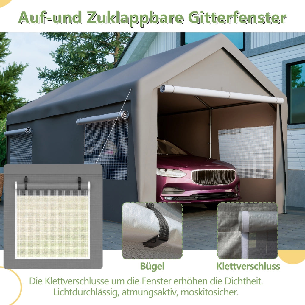 Gazebo da giardino in metallo con finestre arrotolabili, pareti e tetto rimovibili per auto, suv, barca e camion grigio
