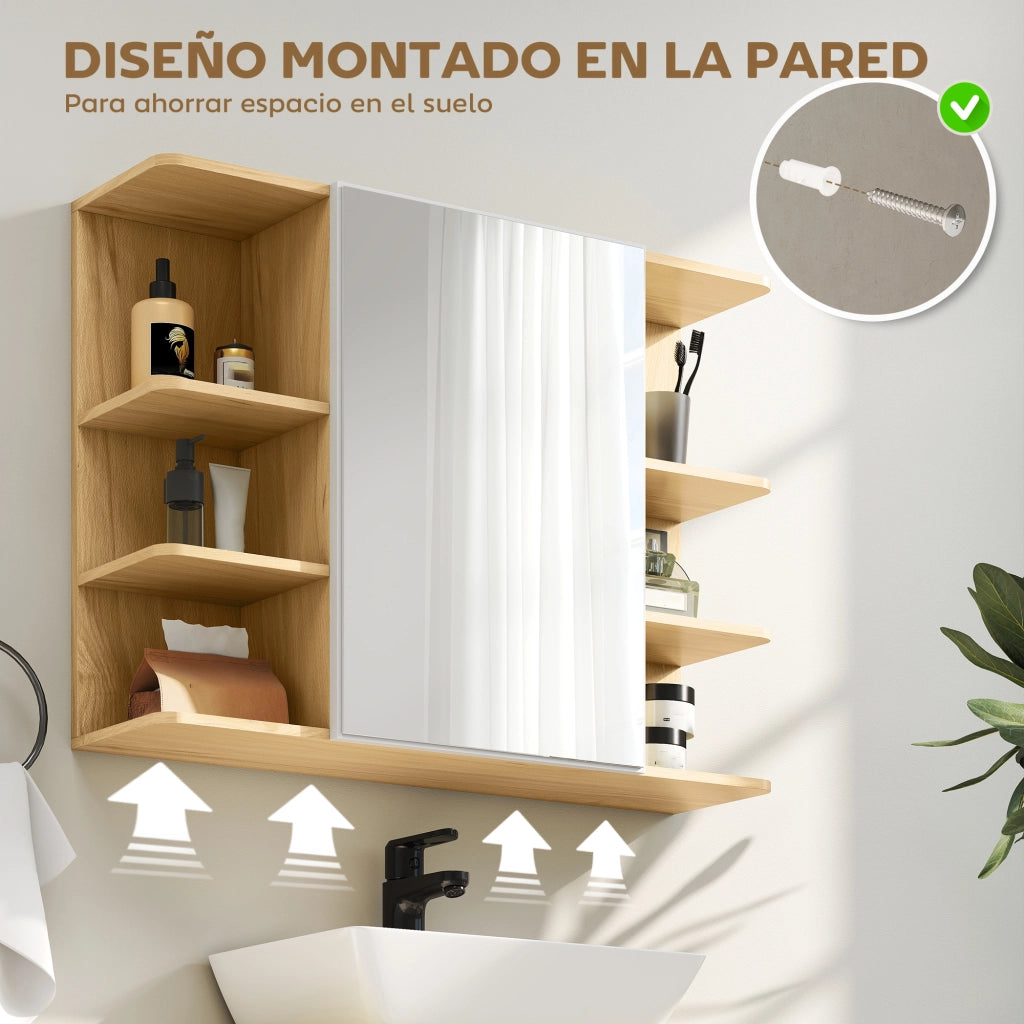 Mobile da Bagno a Parete con Specchio ¨C Xylo ¨C Ante Aperte Ripiani Legno Naturale 80x20x59