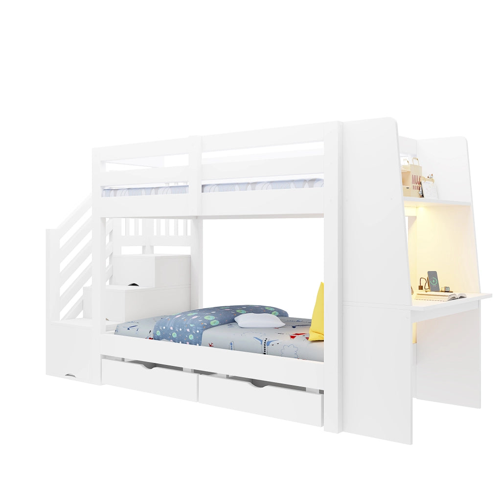 Letto a soppalco 90x200 cm con scrivania; libreria; LED e cassetti; bianco