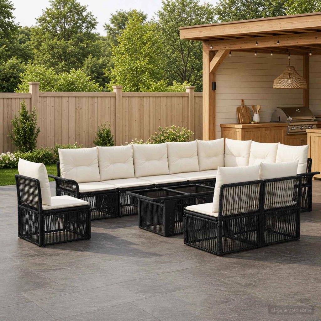 Set Divano da Giardino 11 pz Nero e Bianco Crema polyrattan 3436651