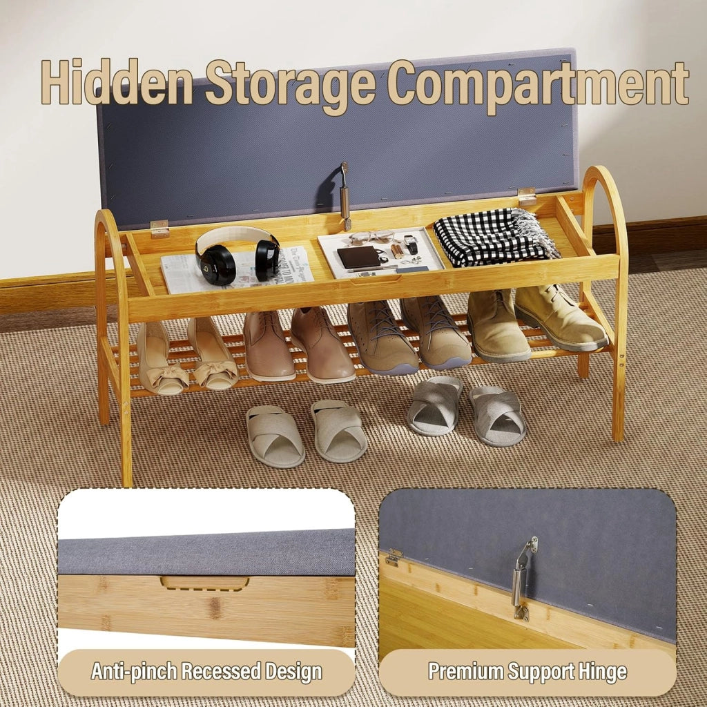 Panca Porta Scarpe in Bambù con Seduta, Mobile Scarpe da Ingresso con Coperchio a Ribalta, Scomparto Nascosto, Organizzatore per Soggiorno, Camera o Corridoio, 101 x 31 x 51 CM (Grigio)