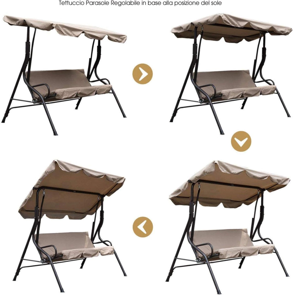 Dondolo da Giardino 3 Posti Altalena per Esterno Acciaio con Tettuccio Beige