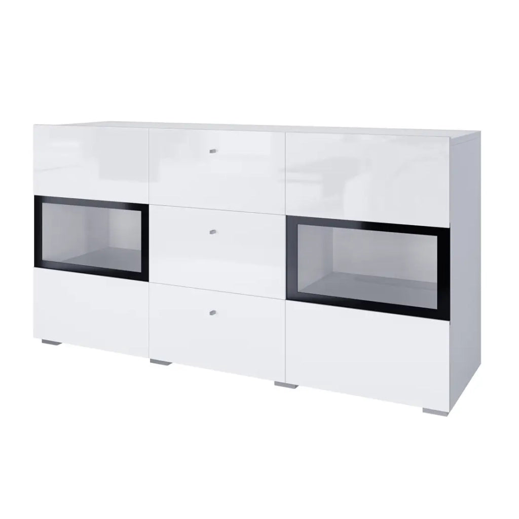 Buffet RAMOS – 2 porte in vetro + 3 cassetti – Colori bianco lucido e nero – LED non inclusa