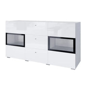 Buffet RAMOS – 2 porte in vetro + 3 cassetti – Colori bianco lucido e nero – LED non inclusa