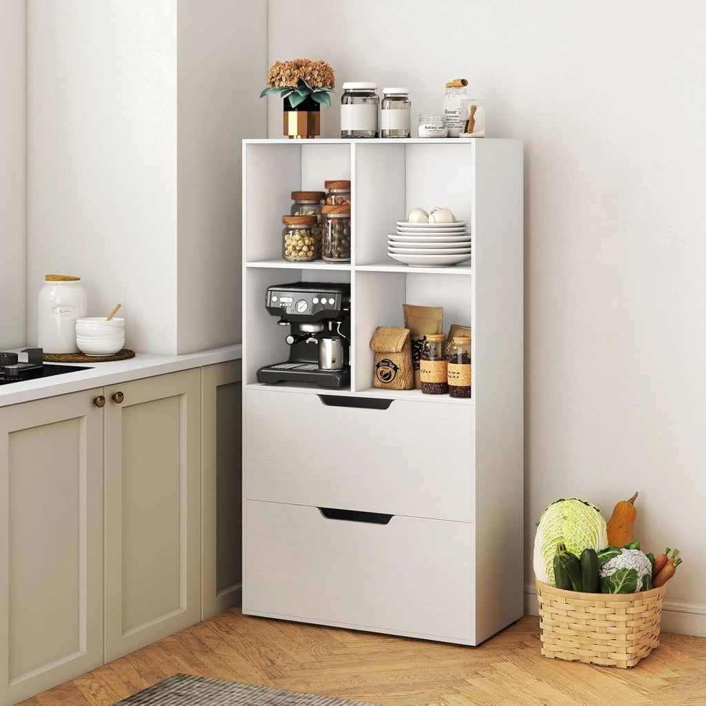 Libreria a 4 Cubi con 2 Cassetti, Scaffale Alto a 5 Ripiani da 130 cm, Libreria Moderna a Cubi Aperti, Organizer in Legno per Soggiorno, Studio, Ufficio Domestico (Bianco)