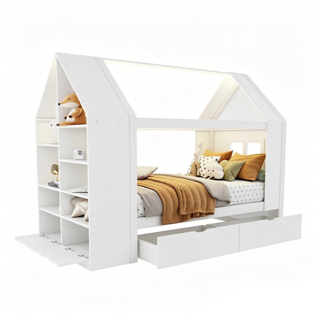 Letto per bambini a forma di casa 90x200 cm con cassetti, LED e vano contenitivo