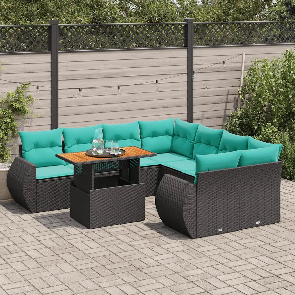 Set Divani da Giardino 9 pz con Cuscini Nero in Polyrattan