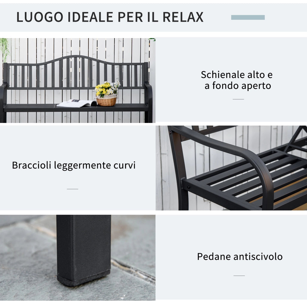 Panchina da Giardino 2-3 Posti 150x58,5x90cm con Tavolino Sollevabile in Metallo Nero