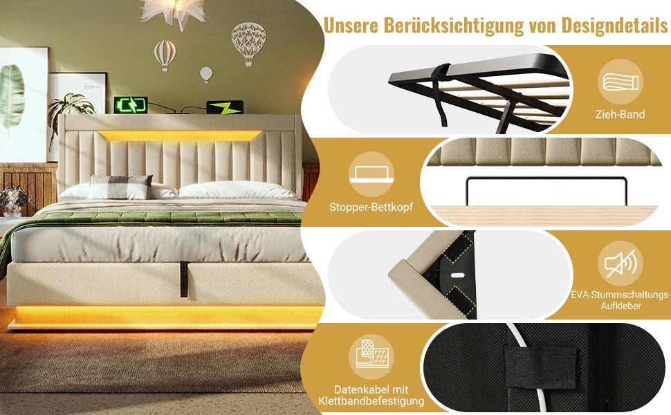 Letto Imbottito Matrimoniale Contenitore ¨C MINIMAL ¨C Testiera LED USB, Idraulico, Beige, Tessuto, 160x200