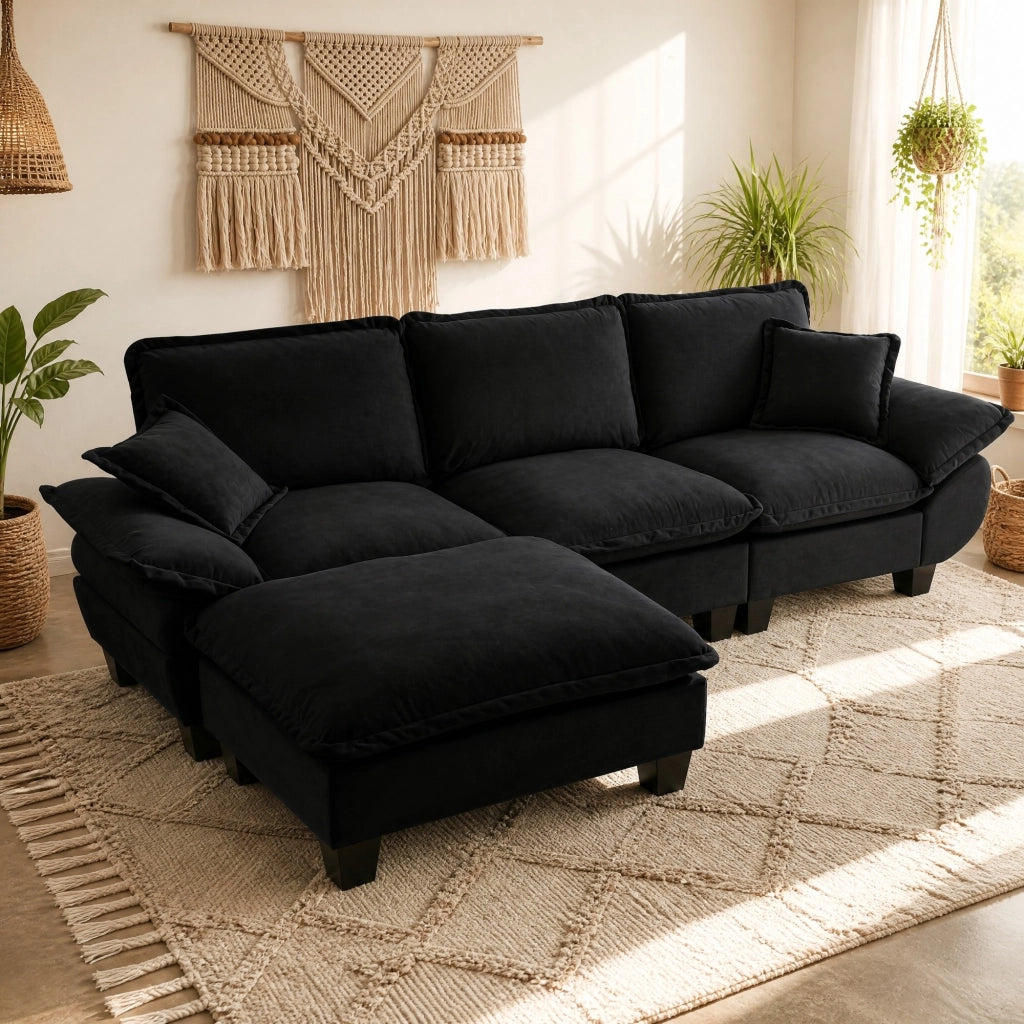 Divano angolare modulare con pouf in chenille nero, braccioli ampi e schienale imbottito 263 × 151 × 90 cm