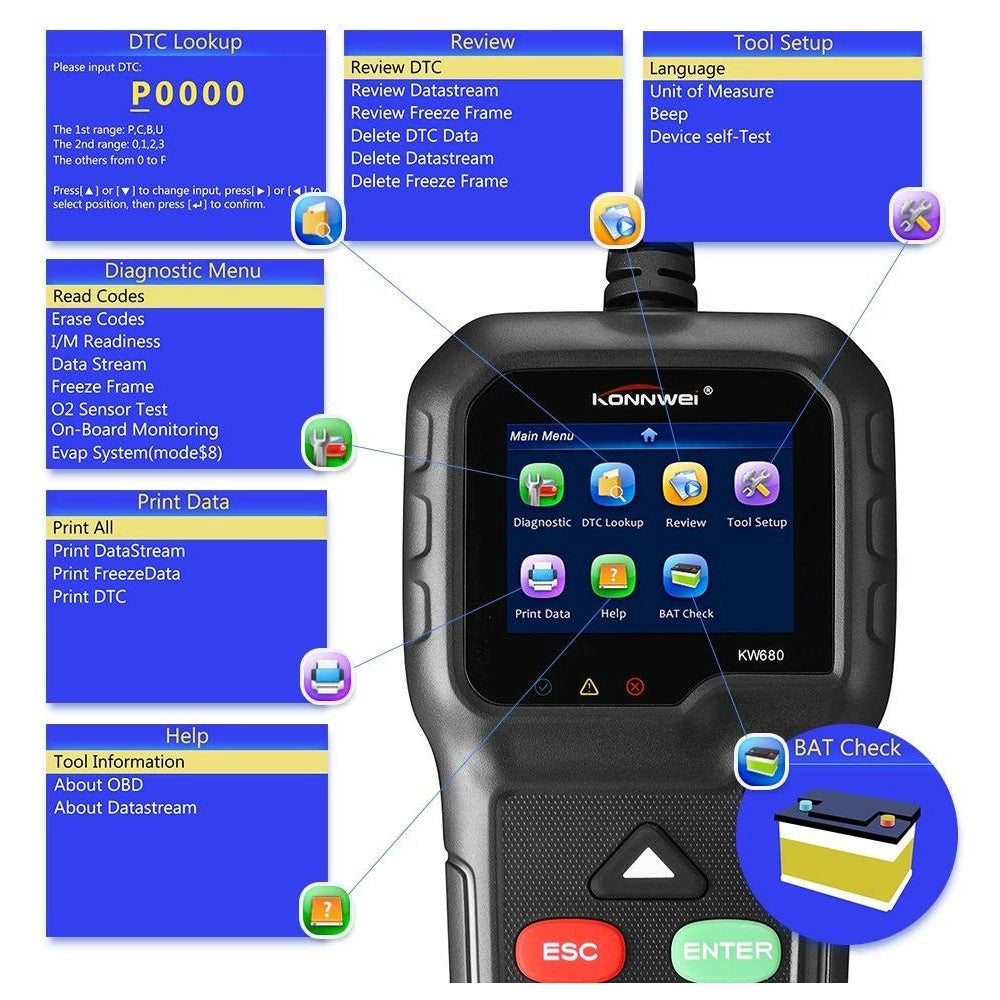Trade Shop - Lettore Obd Konnwei Kw680 Scanner Codici Auto Diagnostica Tester Analisi Obd2ii -