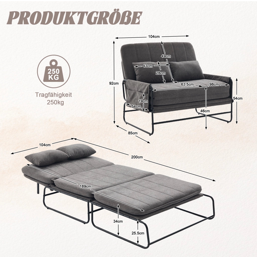 Divano letto 2 posti - con funzione letto e tasche laterali - in chenille - grigio