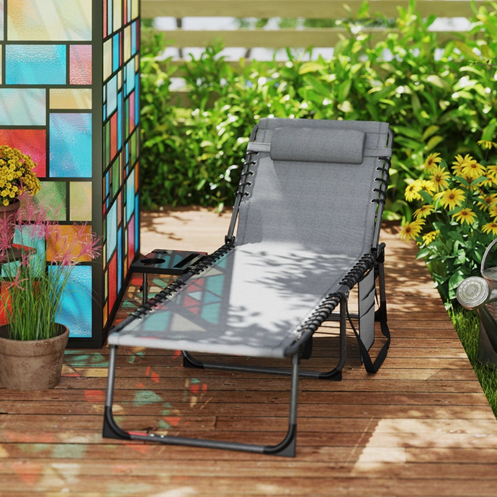 Sdraio da Giardino Pieghevole 60x190x31 cm Reclinabile a 5 Livelli con Tavolino Laterale e Tasca Grigio e Nero