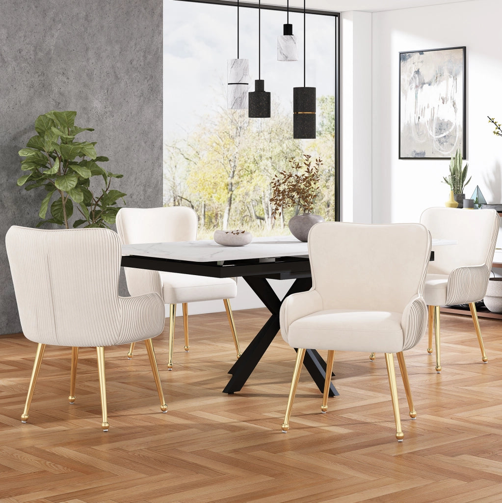 Set di 4 sedie imbottite con braccioli e supporto lombare in velluto beige