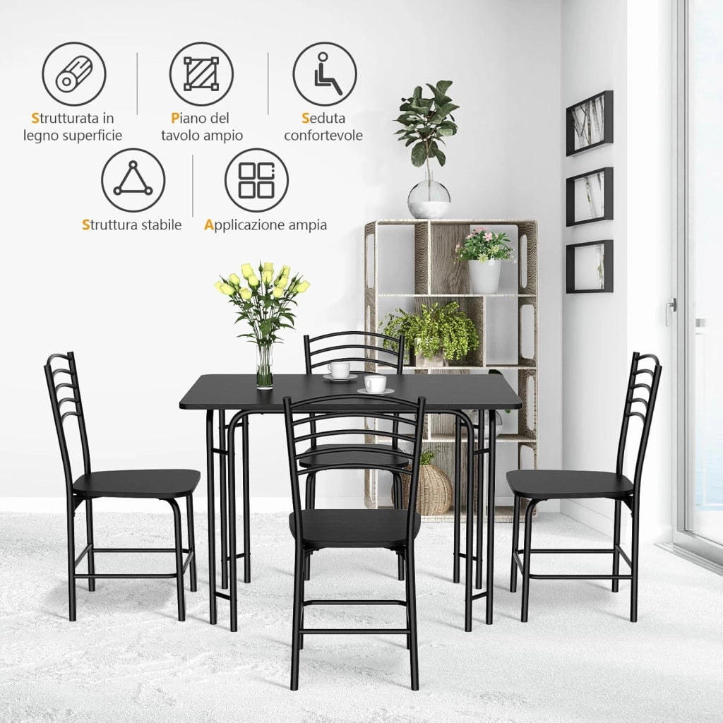 Set da Pranzo con 1 Tavolo e 4 Sedie, Set di Tavolo da Pranzo Salvaspazio di 5 Pezzi, Set Mobili per Cucina, Sala da Pranzo, in Metallo e MDF, Moderno, Nero