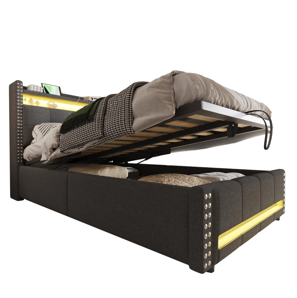 Letto imbottito singolo 90x200 cm con LED; USB e contenitore idraulico; grigio