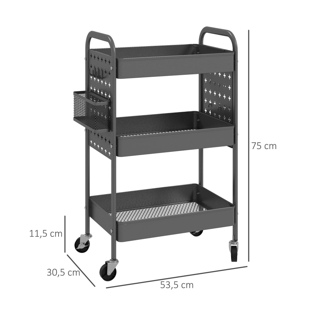 Carrello Multiuso con 3 Ripiani e 4 Ruote ¨C zephmum ¨C Grigio 53.5x30.5x75 cm