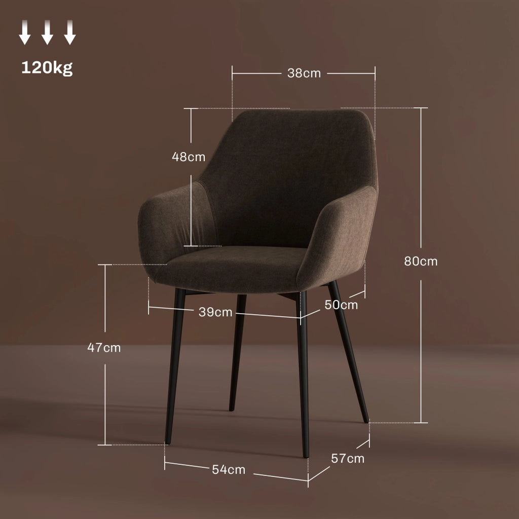 Set 2 Sedie da Pranzo Imbottite con Braccioli in Tessuto Effetto Velluto ¨C Zephmum ¨C Marrone 54x57x80 cm