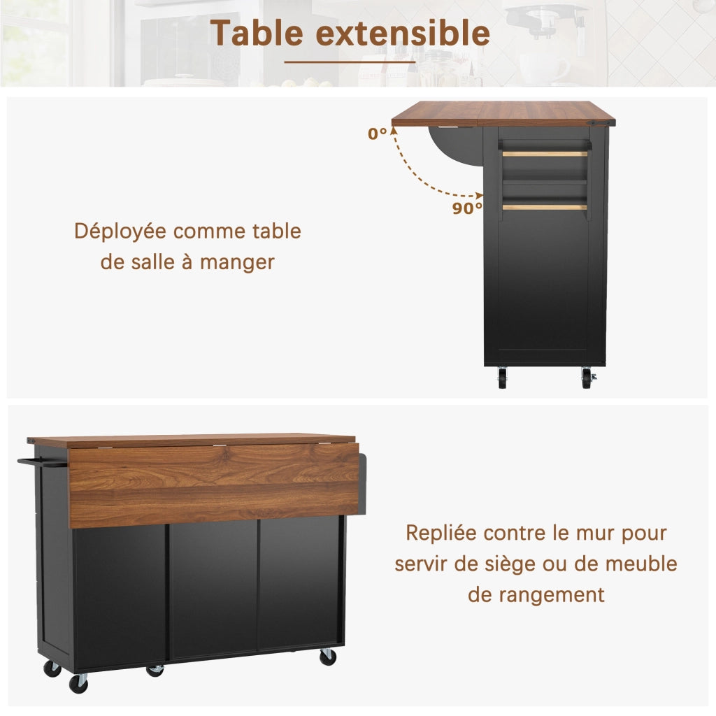 Carrello da Cucina con 1 Anta; 3 Cassetti; Piano Ribaltabile; Portaasciugamani e Ruote; in MDF; Nero