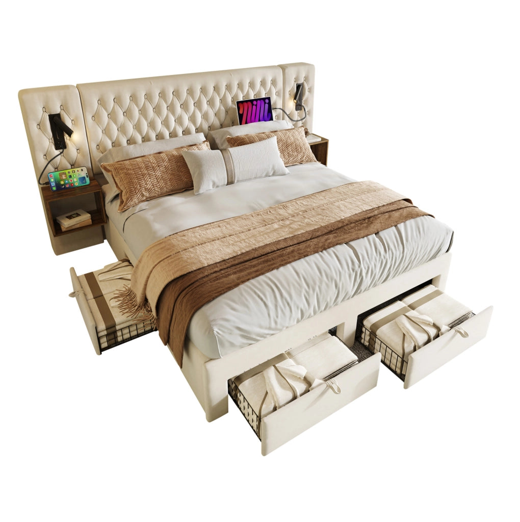 Letto matrimoniale 180x200 cm in velluto beige con 2 comodini; 4 cassetti; luci lettura e ricarica USB Type C