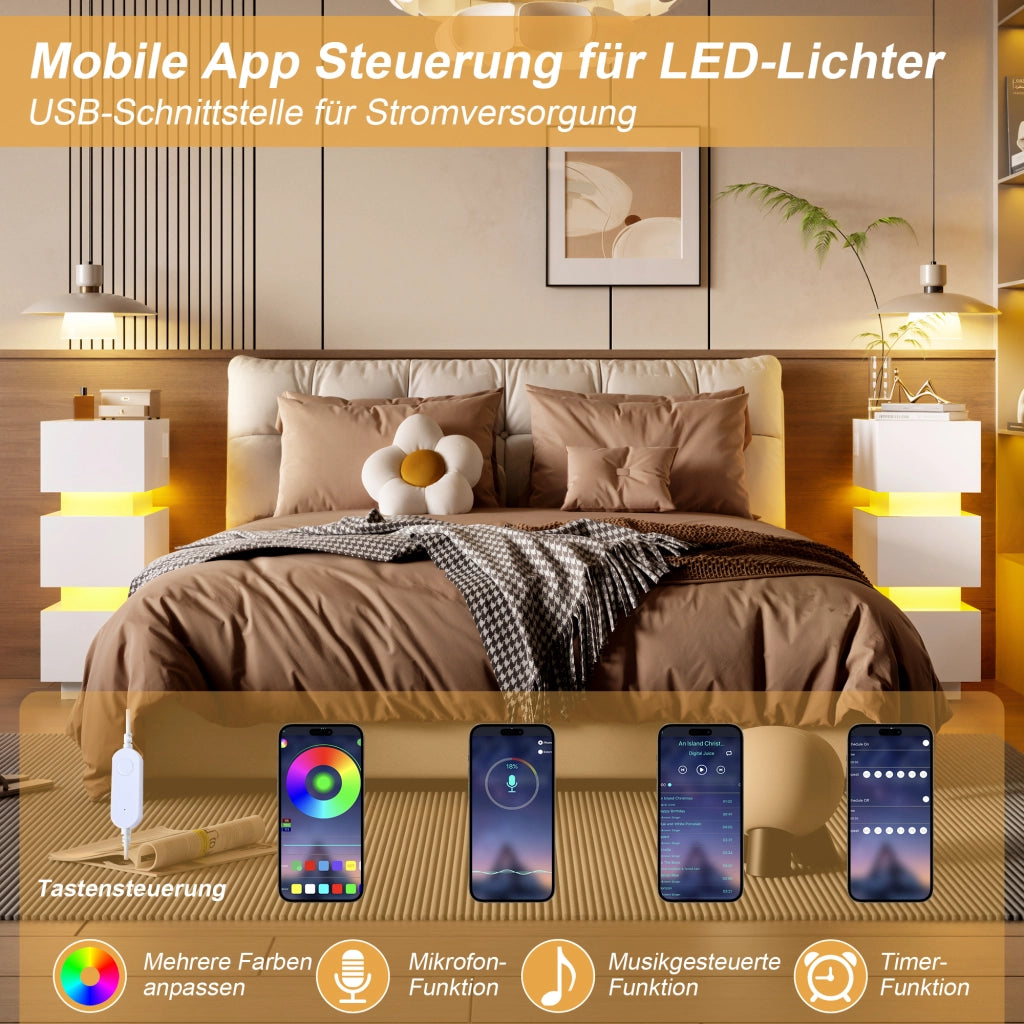 Desviae Comodini stretti set da 2 con 3 cassetti e ricarica integrata USB e Type-C luci LED bianchi 20 × 40 × 59,5 cm