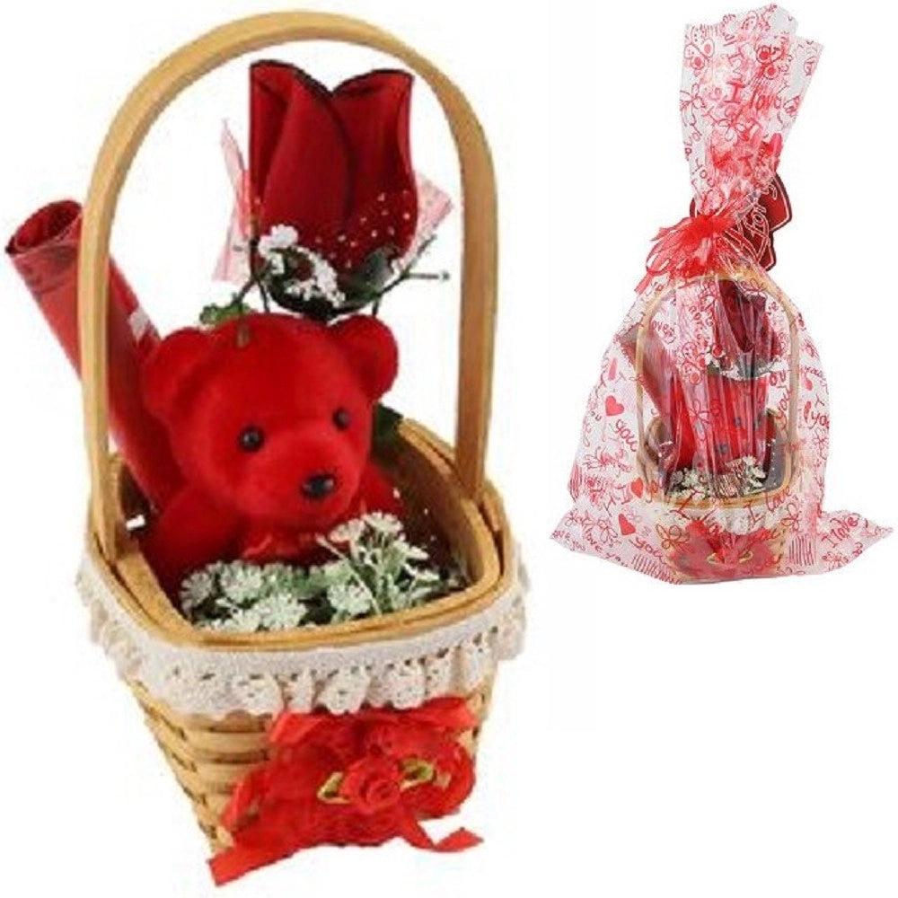 Trade Shop - Cesta Con Peluche Orsetto Rosso Idea Regalo San Valentino Fiori Confezione 63294 -