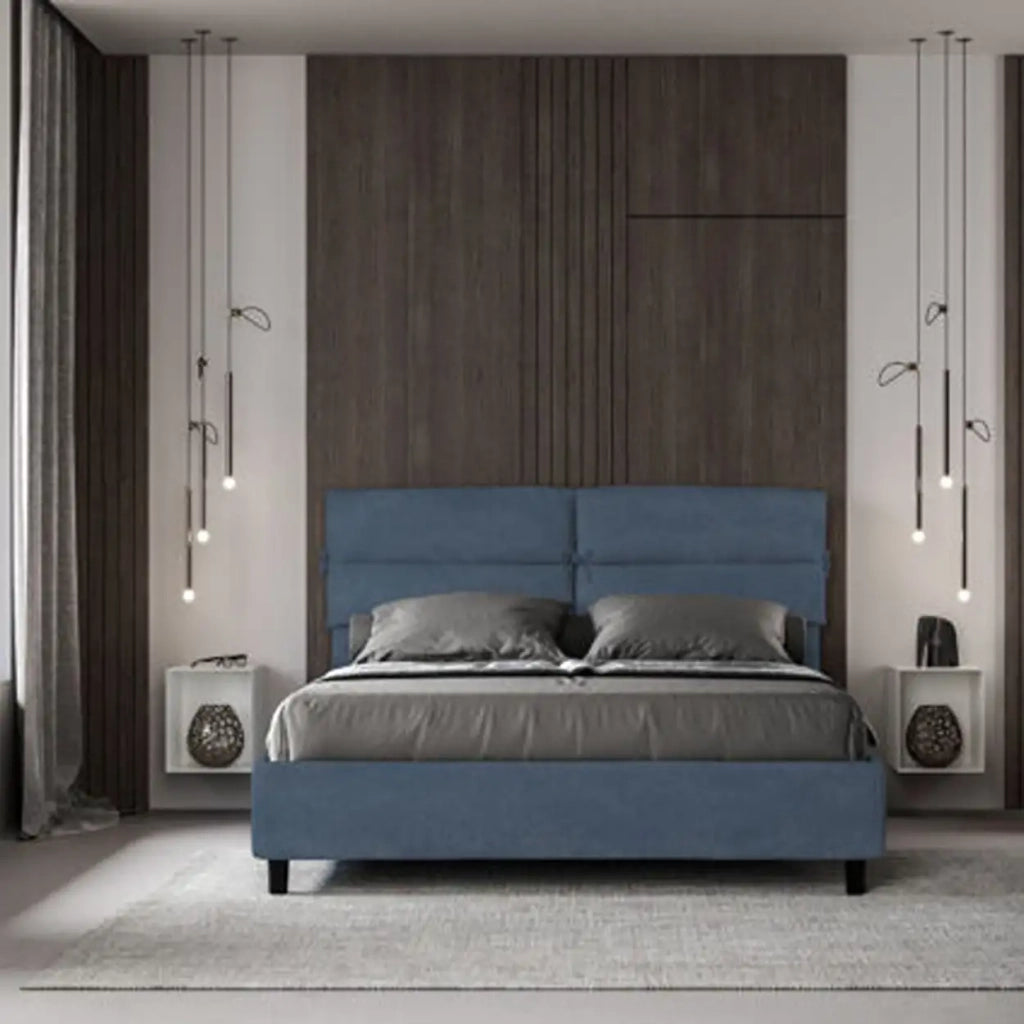 Letto matrimoniale senza rete imbottito 160x200 microfibra blu Nandy