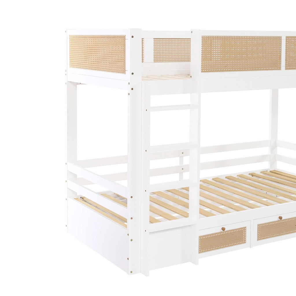 Letto a Castello 90×200 cm; Letto Singolo con 3 Cassetti; Sponde di Sicurezza e Scala; senza Materasso; Bianco Naturale