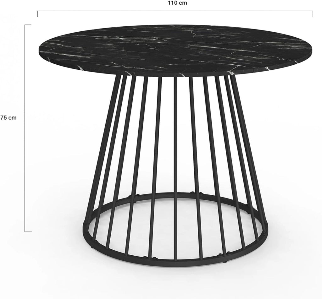 Tavolo da pranzo rotondo per 6 persone YUNA con piano in marmo nero effetto ALASKA e gamba in filo metallico nero 110 cm