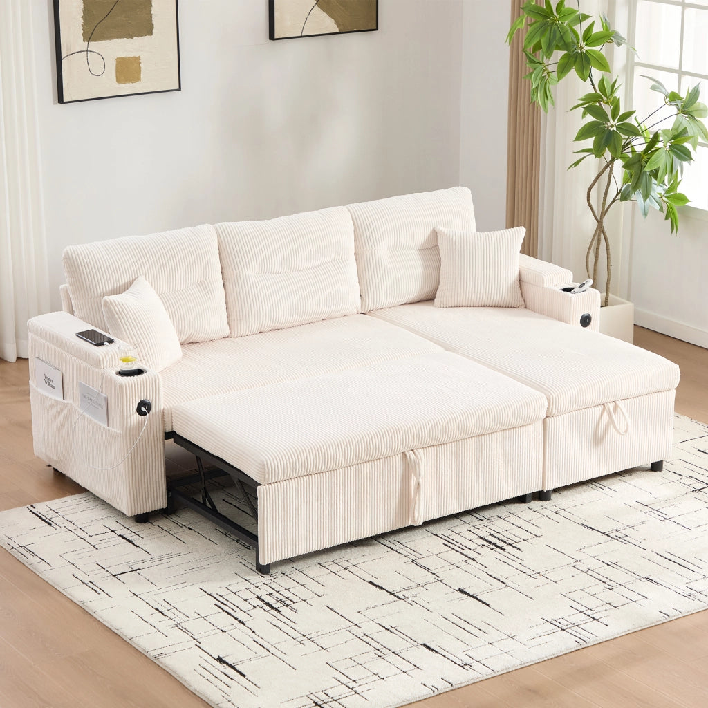Divano modulare convertibile con letto estraibile chaise longue idraulica porta usb tipo c e vano in velluto beige