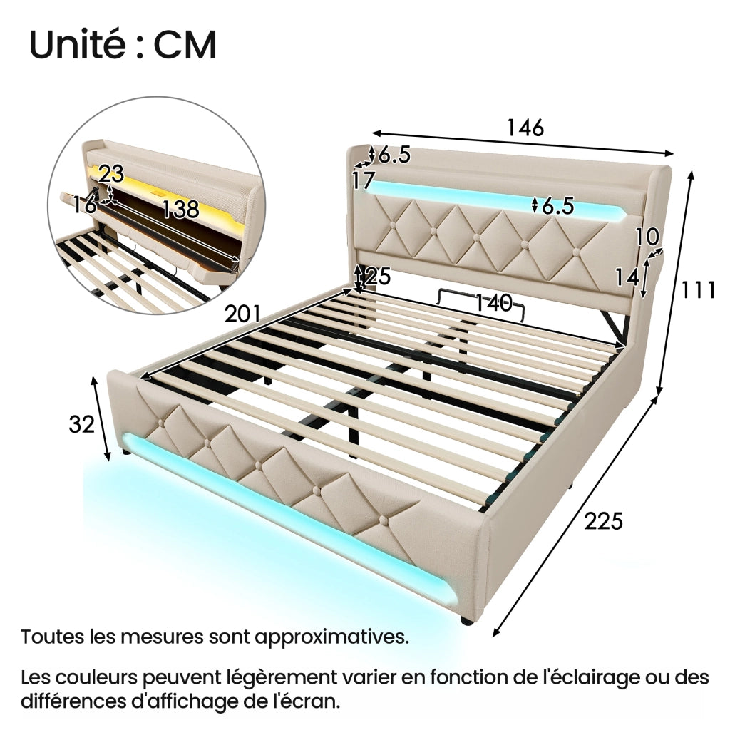 OKWISH Letto Contenitore 140×200 cm, Letto Matrimoniale con LED 360°, USB, Tipo C e Testiera con Vano Portaoggetti, senza Materasso, Lino, Beige