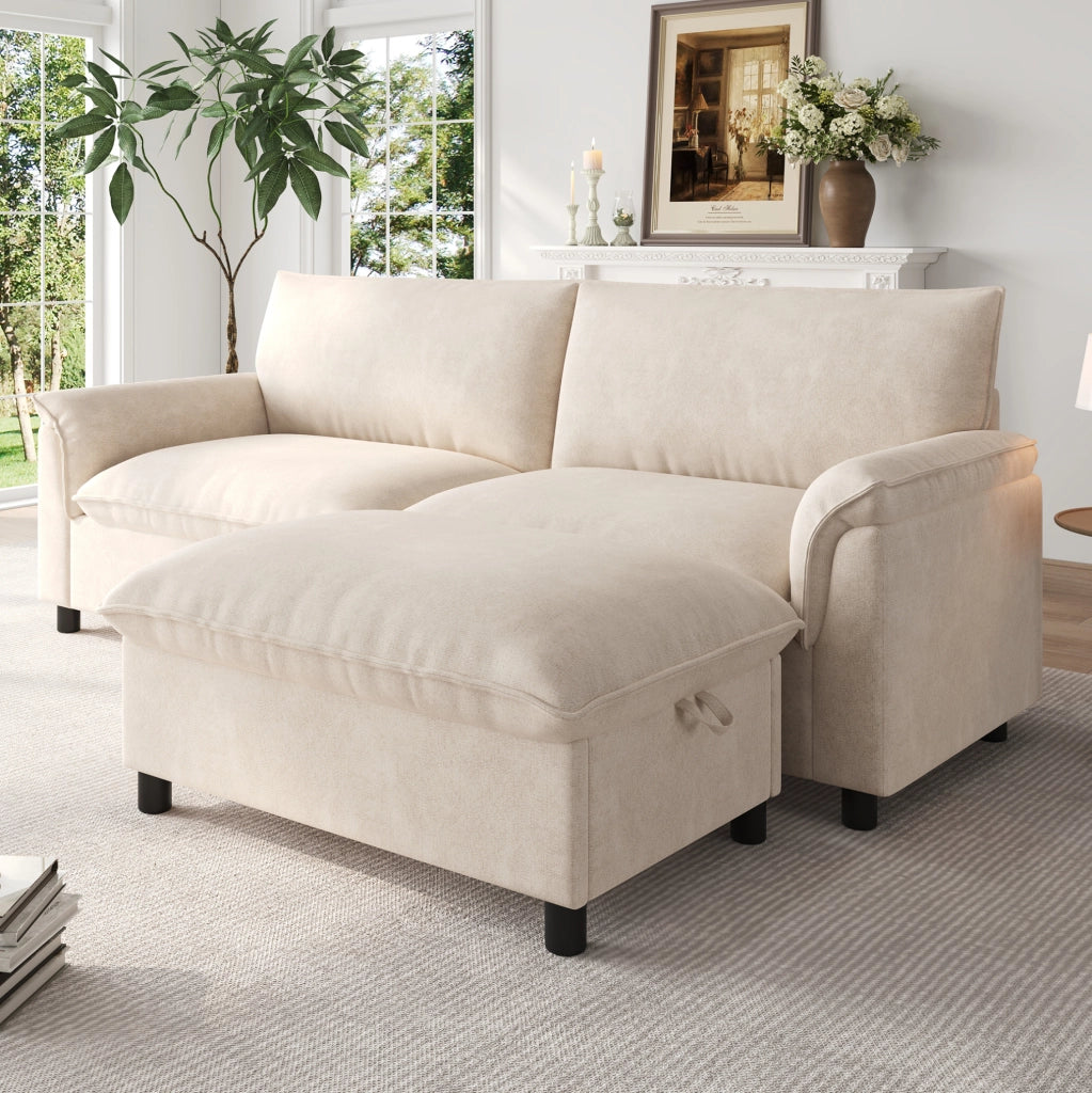 Divano modulare con pouf mobile e vano contenitore, colore beige