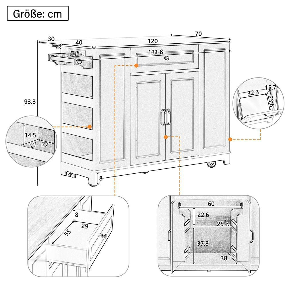 Isola da cucina mobile con tavolo estendibile, cassetti multifunzione e cestino - Xylo - Nero
