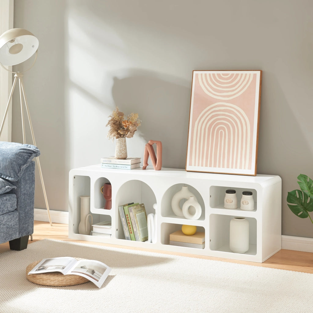 Mobile TV Vågå con 7 Scomparti Geometrici 140x40x48 cm Bianco [en.casa]