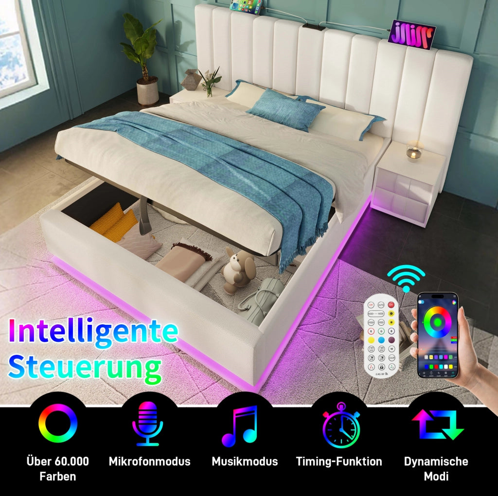 Letto matrimoniale contenitore 160x200 cm con LED e ricarica USB-C