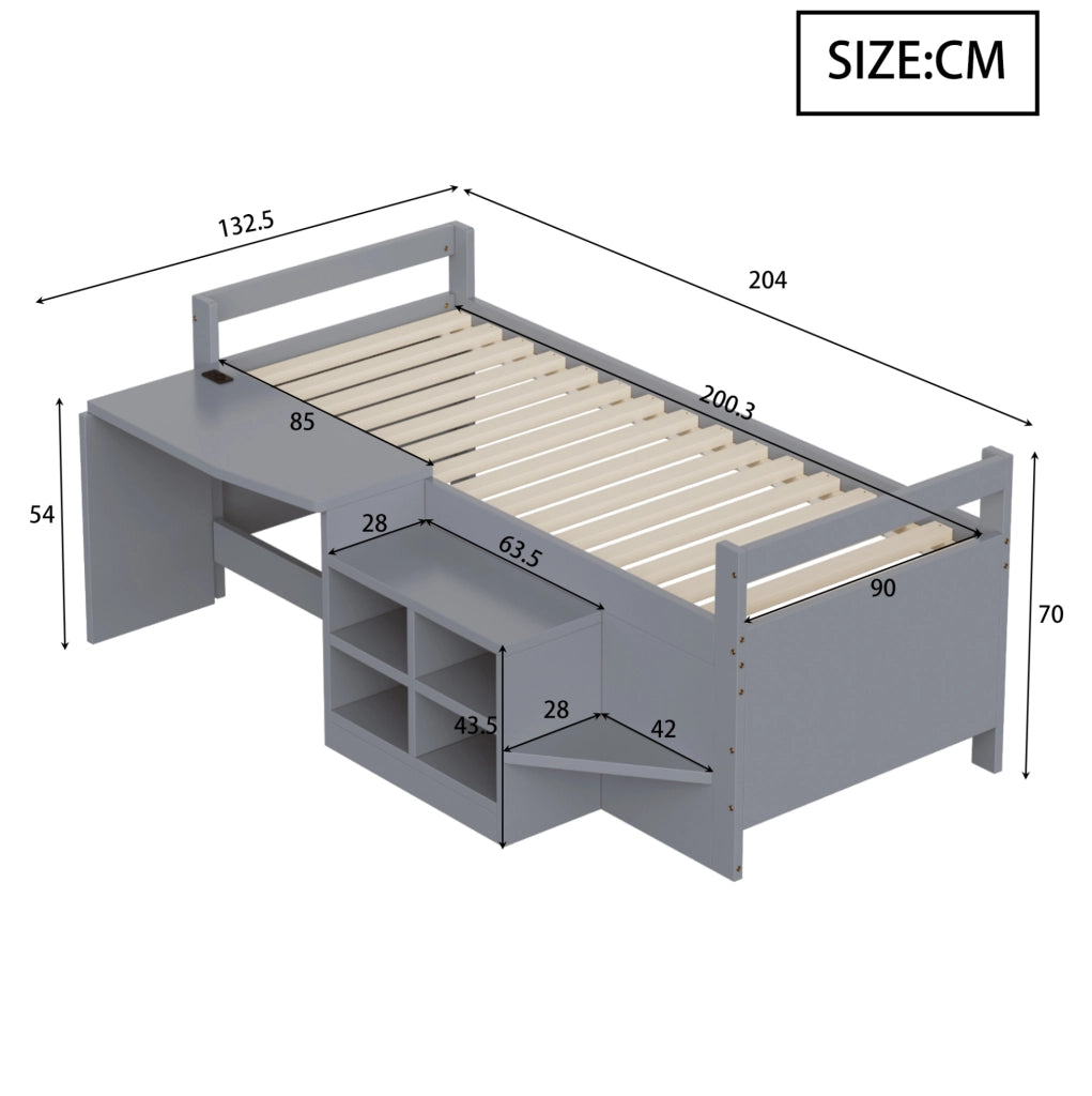 Letto a soppalco 90x200 cm con scrivania; vani contenitore e prese USB; grigio
