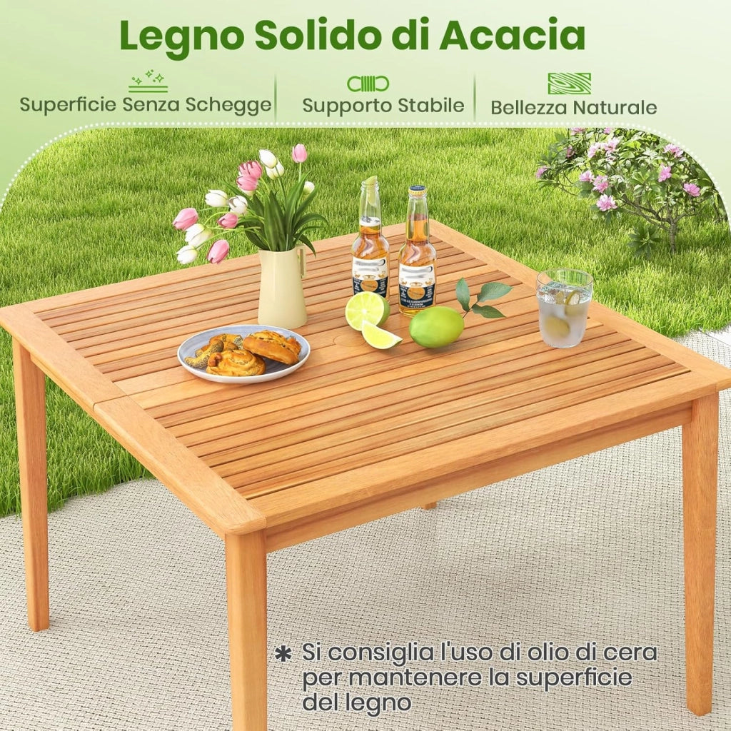Tavolo da Pranzo Esterno 100 cm, Tavolo Quadrato da Giardino in Legno di Acacia, con Foro per Ombrellone 5 cm, 4 Posti, 100 x 100 x 75,5 cm, Portata 80 kg (100 x 100 x 75,5 cm)